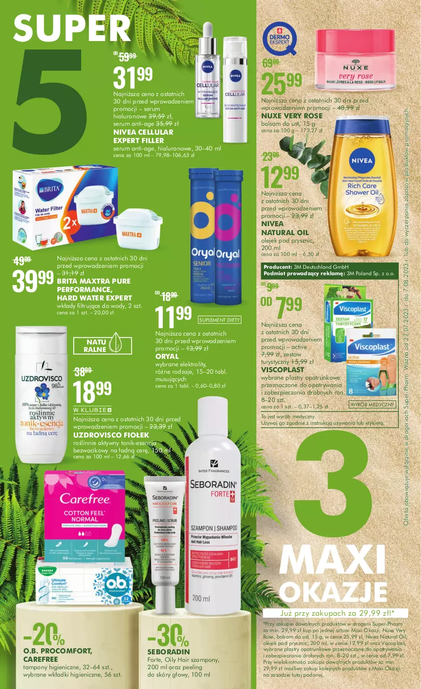 Gazetka promocyjna Super Pharm - Gazetka - ważna 27.07 do 07.08.2023 - strona 2 - produkty: Balsam do ust, Brit, Brita, Brita Maxtra, Carefree, Mus, Nivea, Nuxe, O.B., Olej, Olejek pod prysznic, Peeling, Piec, Plastry opatrunkowe, Pur, Rum, Seboradin, Ser, Serum, Suplement diety, Szampon, Tampony, Tonik, Viscoplast, Wkładki