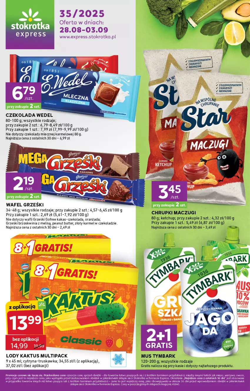 Gazetka promocyjna Stokrotka - Stokrotka Express - ważna 28.08 do 03.09.2025 - strona 1 - produkty: Chrupki, Czekolada, Gra, Grześki, Kakao, Kaktus, Ketchup, Lody, Mięso, Mus, Oranżada, Owoce, Tymbark, Warzywa