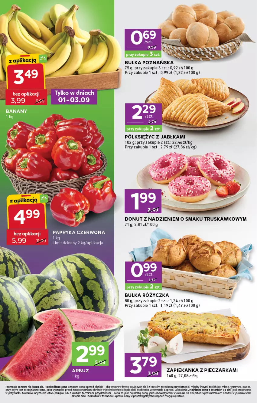 Gazetka promocyjna Stokrotka - Stokrotka Express - ważna 28.08 do 03.09.2025 - strona 2 - produkty: Arbuz, Banany, Bułka, Donut, Jabłka, Mięso, Owoce, Papryka, Papryka czerwona, Piec, Pieczarka, Warzywa, Zapiekanka
