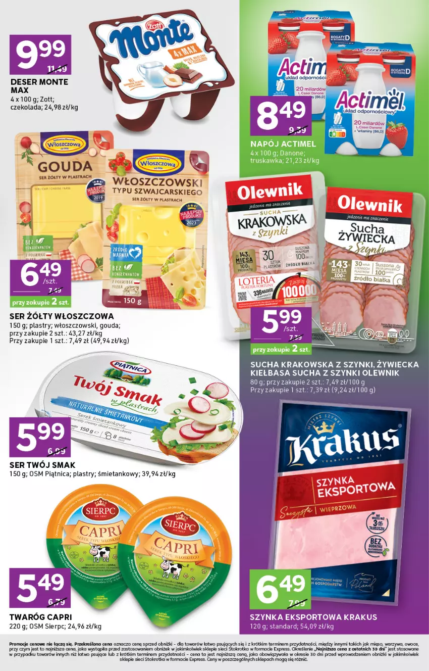 Gazetka promocyjna Stokrotka - Stokrotka Express - ważna 28.08 do 03.09.2025 - strona 3 - produkty: Actimel, Cars, Czekolada, Danone, Deser, Gouda, Kiełbasa, Krakus, Mięso, Monte, Napój, Olewnik, Owoce, Piątnica, Por, Ser, Sport, Szynka, Twaróg, Twój Smak, Włoszczowski, Zott