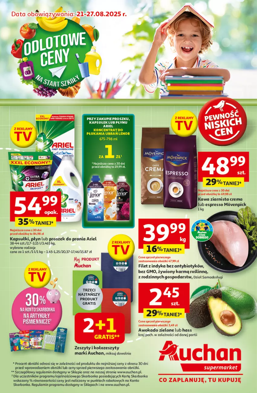 Gazetka promocyjna Auchan - Odlotowe ceny na start szkoły Supermarket - ważna 21.08 do 27.08.2025 - strona 1 - produkty: Ariel, Fa, Gra, Kawa, Kawa ziarnista, Proszek do prania
