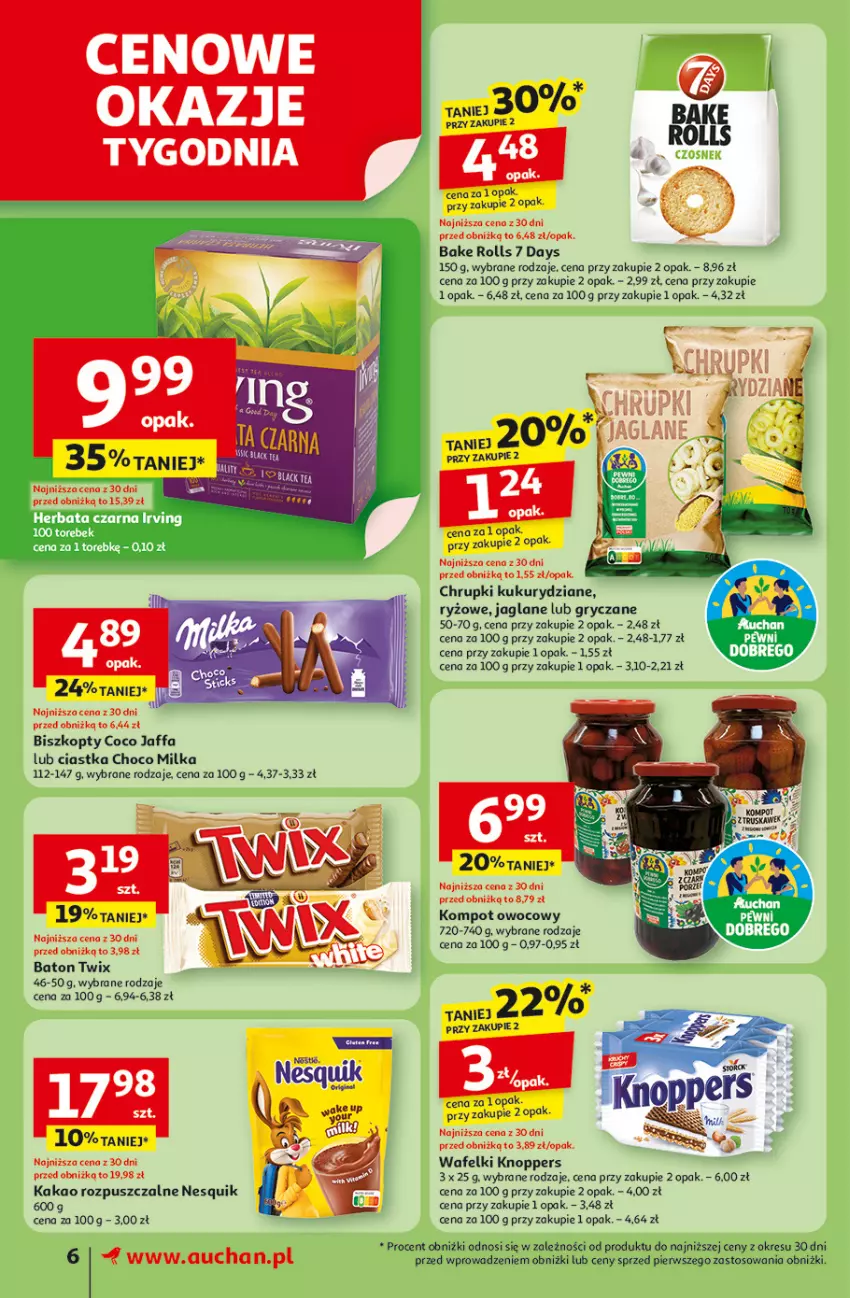 Gazetka promocyjna Auchan - Odlotowe ceny na start szkoły Supermarket - ważna 21.08 do 27.08.2025 - strona 6 - produkty: 7 Days, Bake Rolls, Baton, Biszkopty, Chrupki, Ciastka, Czosnek, Fa, Gry, Kakao, Knoppers, Milka, Nesquik, Ryż, Twix