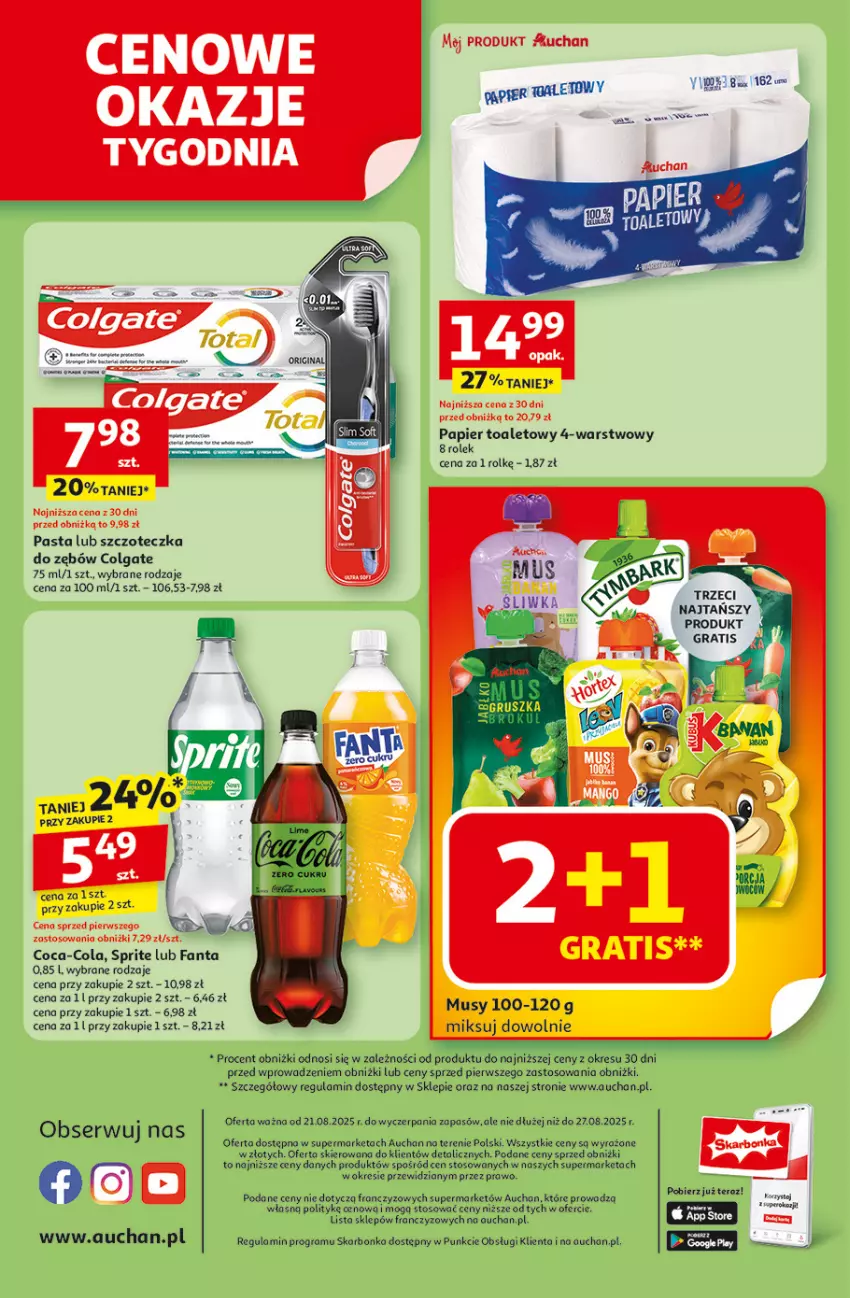 Gazetka promocyjna Auchan - Odlotowe ceny na start szkoły Supermarket - ważna 21.08 do 27.08.2025 - strona 8 - produkty: Coca-Cola, Colgate, Fa, Fanta, Gra, LG, Mus, Papier, Papier toaletowy, Ser, Sprite, Szczoteczka, Szczoteczka do zębów, Tera