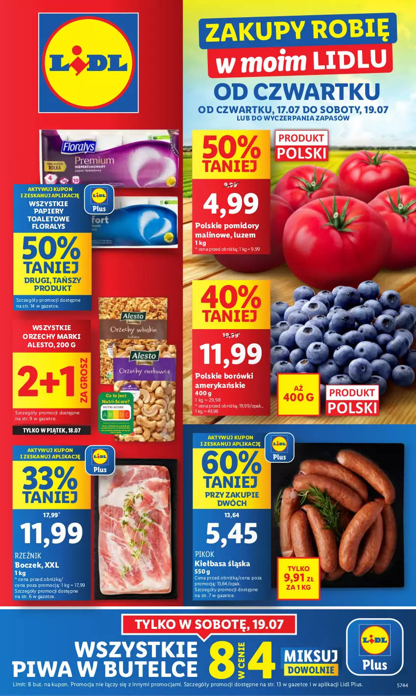 Gazetka promocyjna Lidl - GAZETKA - ważna 17.07 do 19.07.2025 - strona 1 - produkty: Boczek, Flora, Kiełbasa, Kiełbasa śląska, Papier, PIKOK, Piwa, Pomidory, Wazon