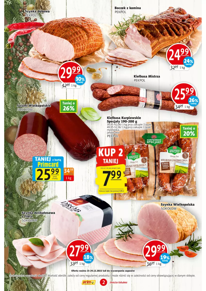 Gazetka promocyjna Prim Market - ważna 15.12 do 24.12.2022 - strona 2 - produkty: Boczek, Kiełbasa, Pekpol, Sok, Sokołów, Szynka