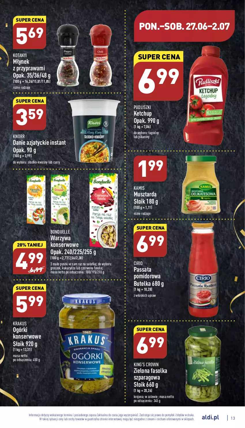 Gazetka promocyjna Aldi - Katalog spożywczy - ważna 27.06 do 02.07.2022 - strona 13 - produkty: Bonduelle, Fa, Fasola, Groszek, Kamis, Ketchup, Knorr, Krakus, Kukurydza, Młynek, Mus, Musztarda, Ogórki konserwowe, Pudliszki, Sałat, Ser, Warzywa, Warzywa konserwowe