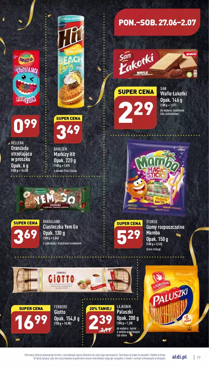 Gazetka promocyjna Aldi - Katalog spożywczy - ważna 27.06 do 02.07.2022 - strona 17 - produkty: Bakalland, Ferrero, Hellena, Lajkonik, Mamba, Oranżada, Piña Colada, Wafle