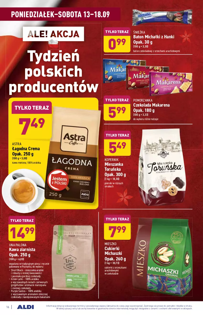 Gazetka promocyjna Aldi - ważna 13.09 do 18.09.2021 - strona 16 - produkty: Baton, Cukier, Cukierki, Czekolada, Grejpfrut, Kawa, Kawa mielona, Kawa ziarnista, Lack, LANA, Michałki, Piec, Piernik, Pur, Tera