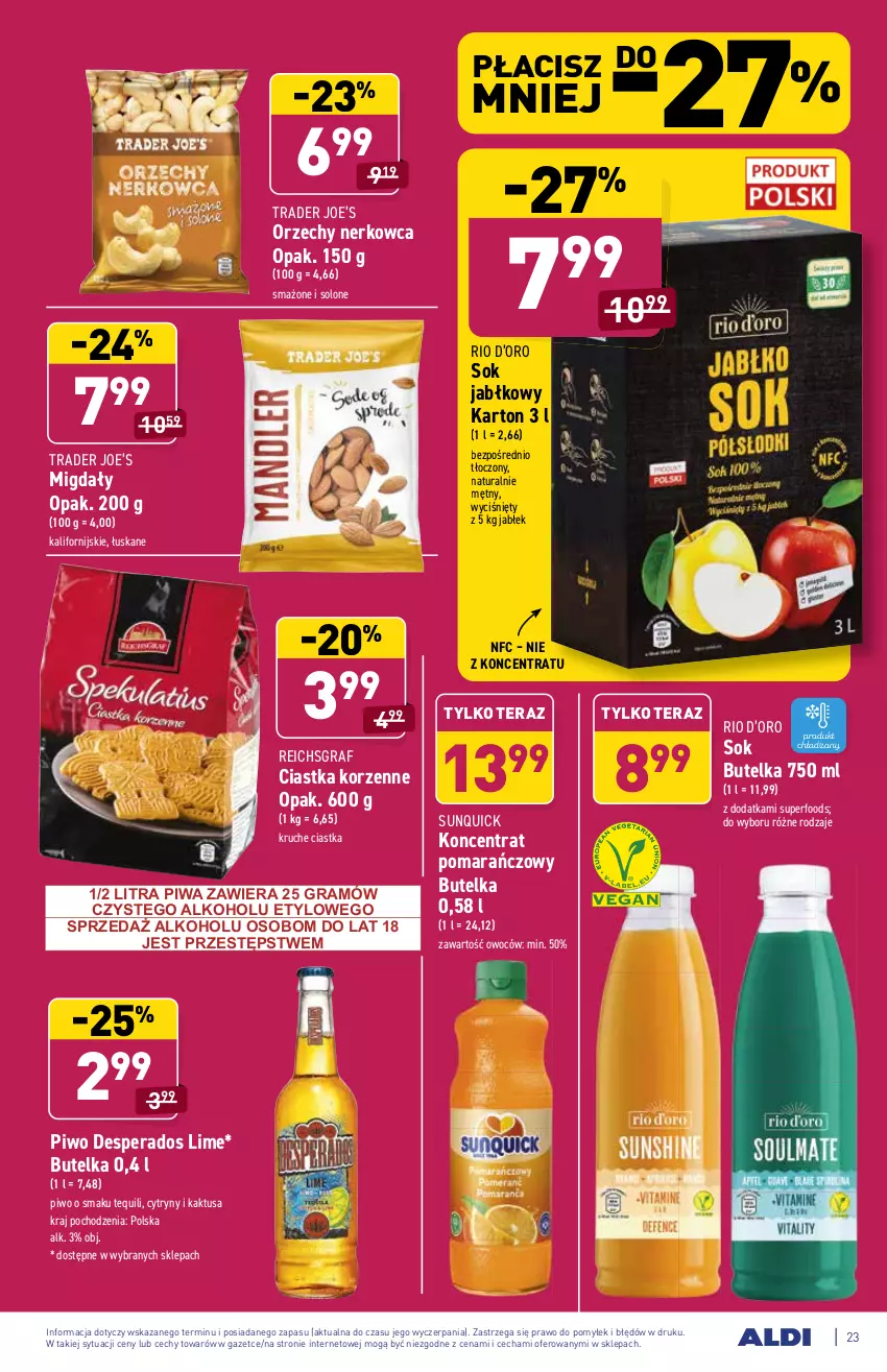 Gazetka promocyjna Aldi - ważna 13.09 do 18.09.2021 - strona 23 - produkty: Ciastka, Cytryny, Desperados, Gra, Kaktus, Migdały, Piwa, Piwo, Reichsgraf, Sok, Sok jabłkowy, Tera