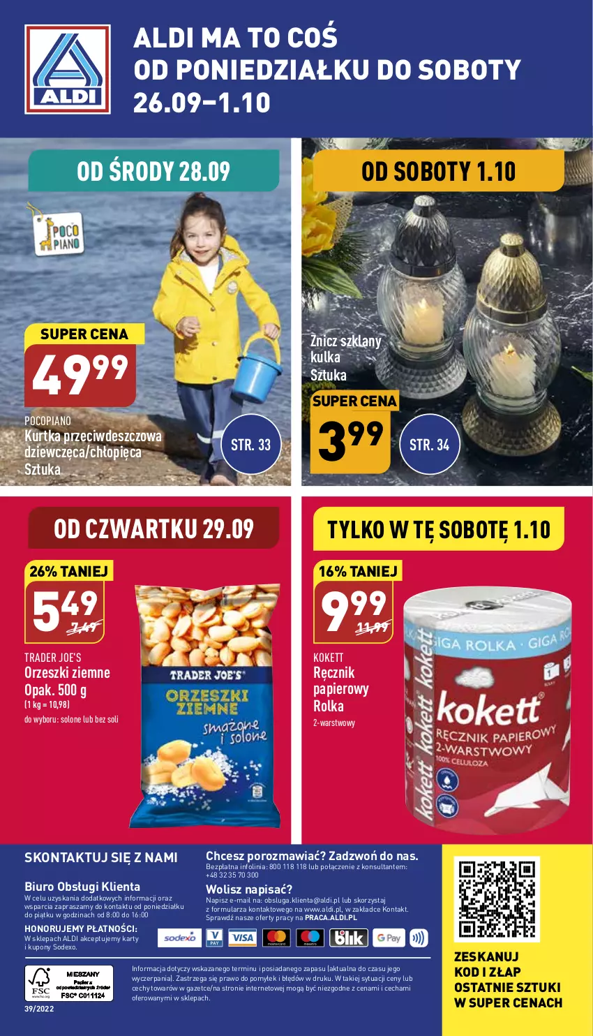 Gazetka promocyjna Aldi - Zaplanuj zakupy wcześniej - ważna 28.09 do 01.10.2022 - strona 14 - produkty: Biuro, Kurtka, O nas, Orzeszki, Orzeszki ziemne, Papier, Pocopiano, Por, Ręcznik, Znicz