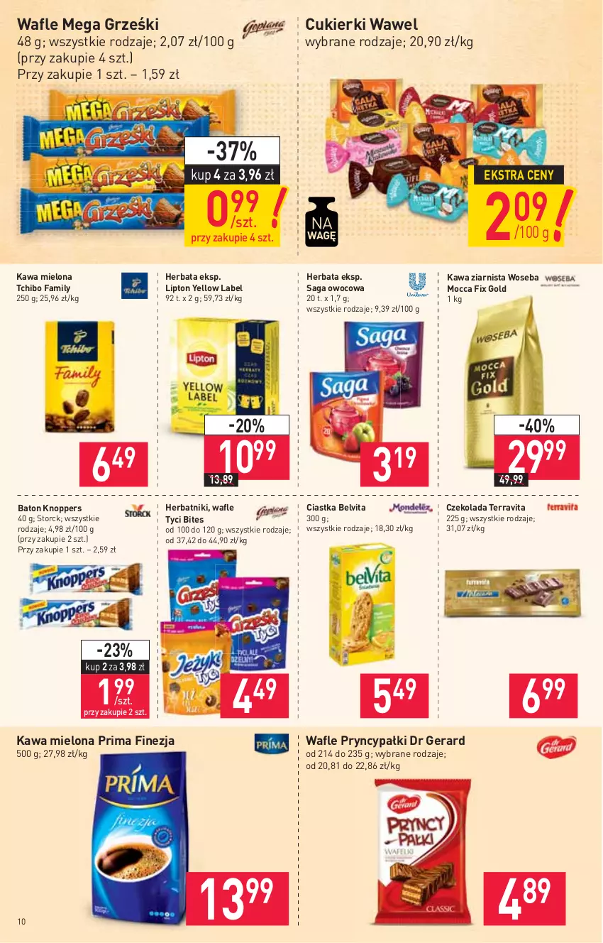 Gazetka promocyjna Stokrotka - Supermarket - ważna 26.08 do 01.09.2021 - strona 10 - produkty: Baton, BelVita, Ciastka, Cukier, Cukierki, Czekolada, Dr Gerard, Fa, Grześki, Herbata, Herbatniki, Kawa, Kawa mielona, Kawa ziarnista, Knoppers, Lipton, Mocca Fix Gold, Prima, Saga, Tchibo, Tchibo Family, Vita C, Wafle, Wawel, Woseba