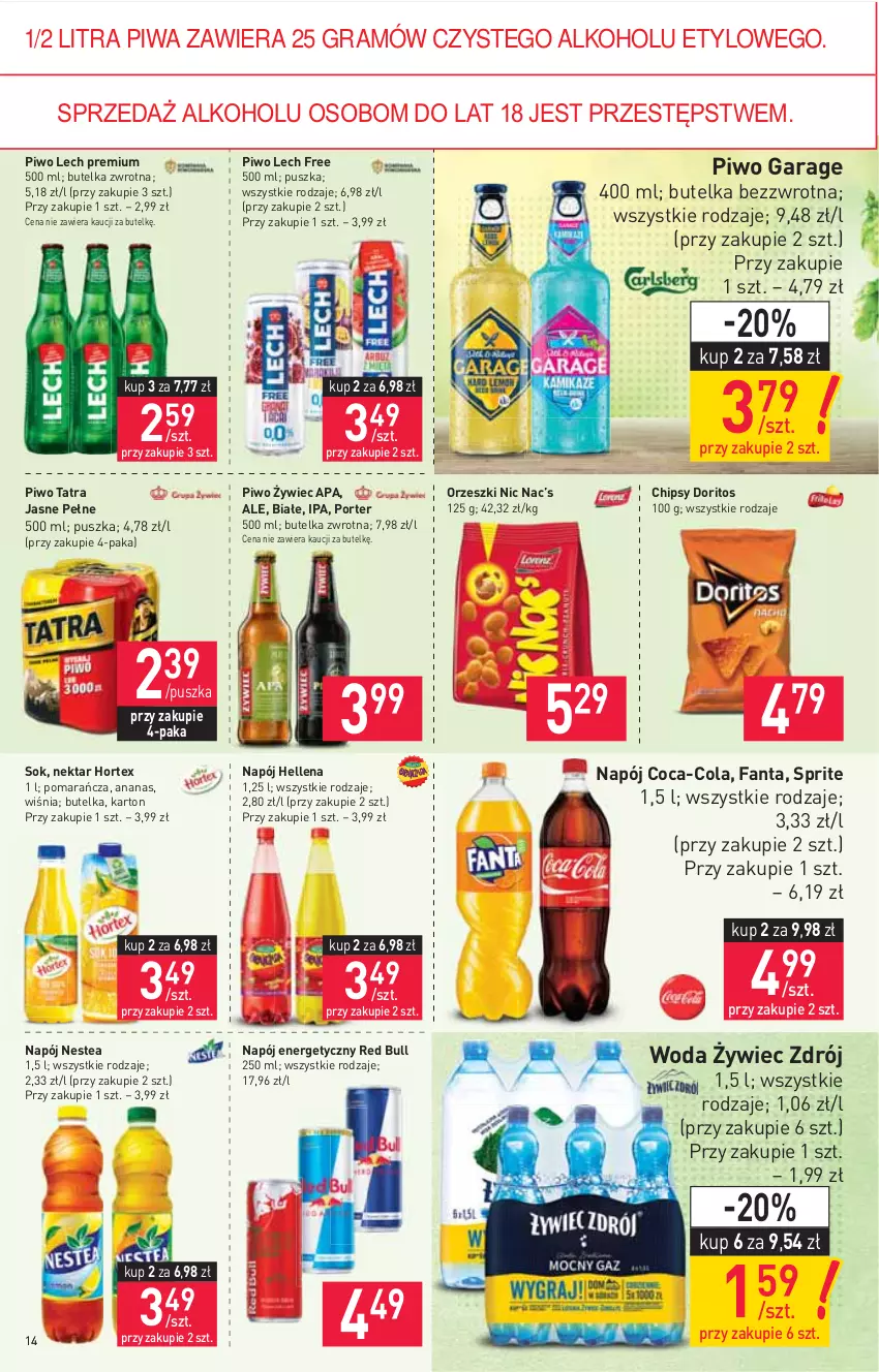 Gazetka promocyjna Stokrotka - Supermarket - ważna 26.08 do 01.09.2021 - strona 14 - produkty: Ananas, Chipsy, Coca-Cola, Fa, Fanta, Gra, Hellena, Hortex, Lech Premium, Napój, Napój energetyczny, Nektar, Nestea, Orzeszki, Piwa, Piwo, Por, Red Bull, Sok, Sprite, Tatra, Woda