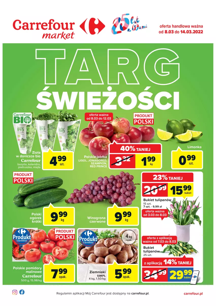 Gazetka promocyjna Carrefour - Gazetka Market Targ świeżości - ważna 08.03 do 14.03.2022 - strona 1 - produkty: Bukiet, DAX, Tulipan, Ziemniaki