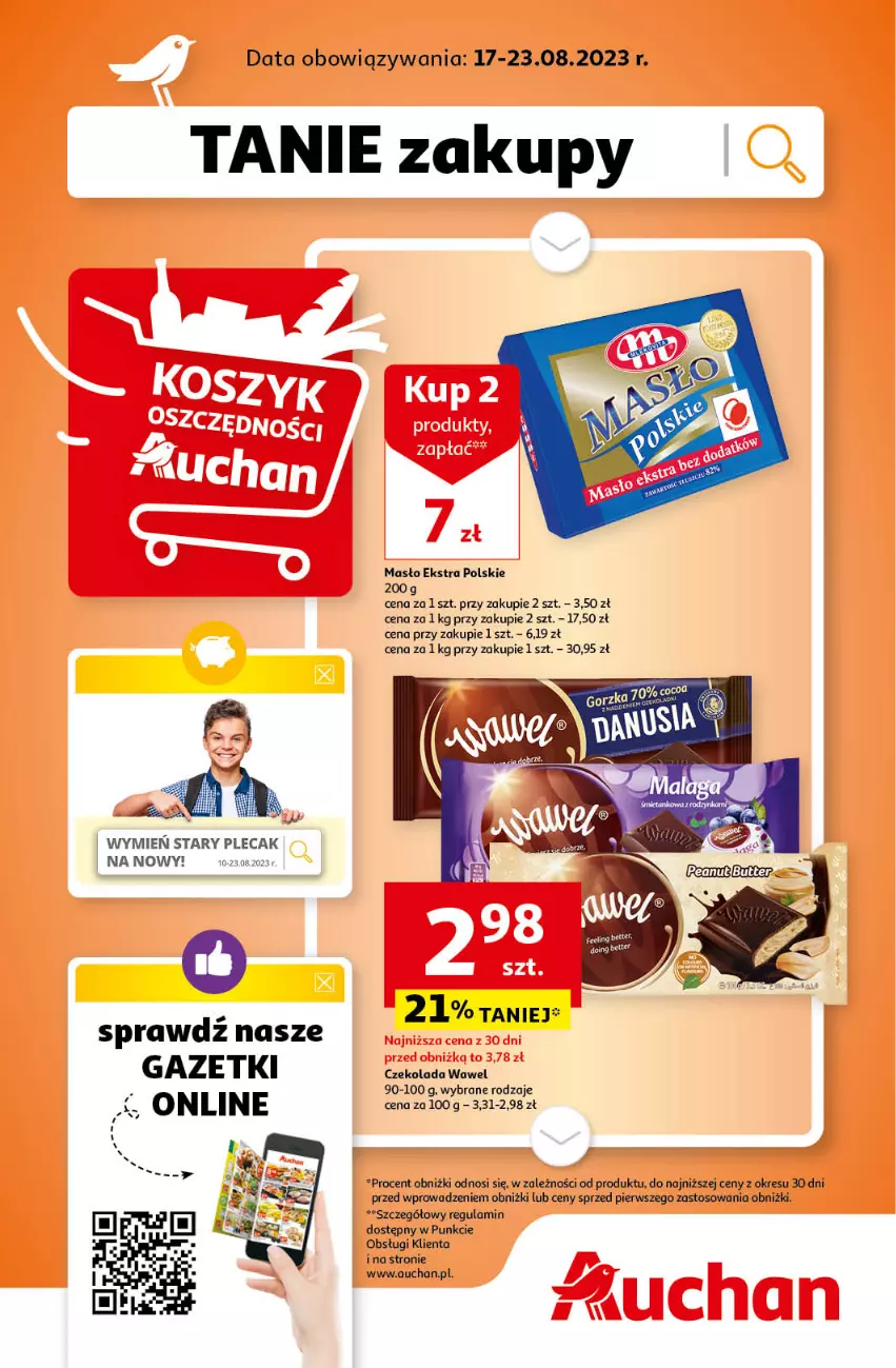 Gazetka promocyjna Auchan - Gazetka Cyfrowa Wyprawka Szkolna Hipermarket Auchan - ważna 17.08 do 23.08.2023 - strona 1 - produkty: Czekolada, Masło, Plecak, Wawel