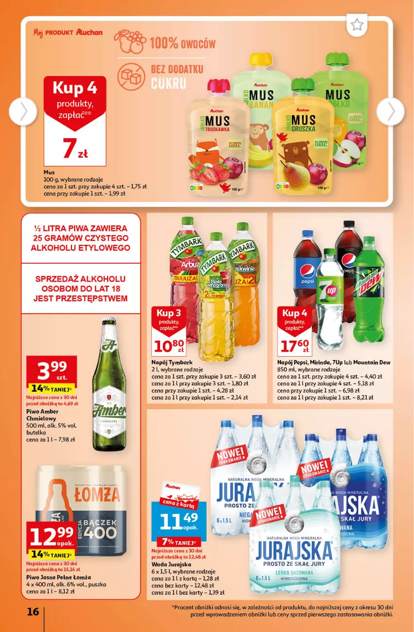 Gazetka promocyjna Auchan - Gazetka Cyfrowa Wyprawka Szkolna Hipermarket Auchan - ważna 17.08 do 23.08.2023 - strona 16 - produkty: 7up, Mirinda, Mus, Napój, Pepsi, Piwo, Piwo jasne, Tymbark, Woda, Woda mineralna