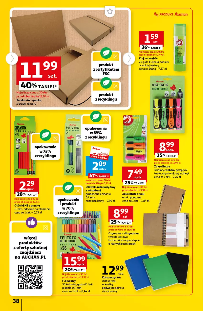 Gazetka promocyjna Auchan - Gazetka Cyfrowa Wyprawka Szkolna Hipermarket Auchan - ważna 17.08 do 23.08.2023 - strona 38 - produkty: Długopis, Flamastry, Karteczki samoprzylepne, Klej, Mop, Organizer, Papier, Por, Tusz