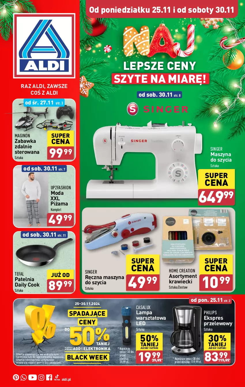 Gazetka promocyjna Aldi - Artykuły przemysłowe i tekstylia - ważna 25.11 do 30.11.2024 - strona 1 - produkty: Ekspres przelewowy, Elektronika, Fa, Gin, Lack, Lampa, Moda, Patelnia, Philips, Piżama, Szyna, Tefal, Zabawka