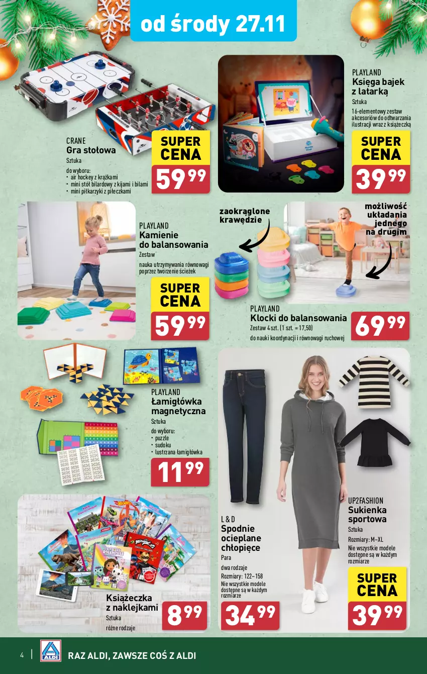 Gazetka promocyjna Aldi - Artykuły przemysłowe i tekstylia - ważna 25.11 do 30.11.2024 - strona 4 - produkty: Fa, Gra, Klej, Klocki, Piłkarzyki, Por, Puzzle, Spodnie, Spodnie ocieplane, Sport, Stół, Sukienka, Wagi