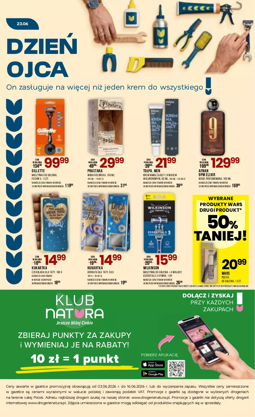 Gazetka promocyjna Drogerie Natura - Gazetka Drogerie Natura - ważna 03.06 do 16.06.2026 - strona 20 - produkty: Czekolada, Dres, Fusion, Gillette, Herbata, JBL, Krem nawilżający, Maszynka, Maszynka do golenia, Perfum, Szynka, Tołpa, Woda, Woda kolońska, Woda perfumowana