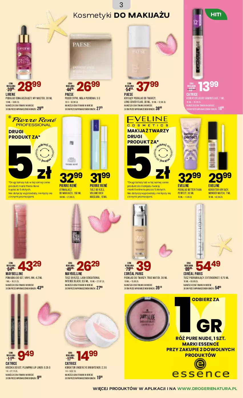 Gazetka promocyjna Drogerie Natura - Gazetka Drogerie Natura - ważna 03.06 do 16.06.2026 - strona 3 - produkty: Bell, Catrice, Eveline, Kredka, Lack, Lirene, Makijaż, Maybelline, PAESE, Pierre René, Podkład, Podkład do twarzy, Puder, Pur, Sati, Tusz
