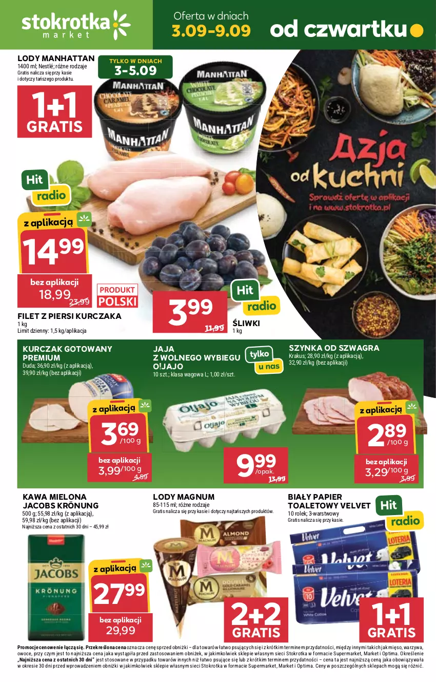 Gazetka promocyjna Stokrotka - Market - ważna 03.09 do 09.09.2026 - strona 1 - produkty: Duda, Filet z piersi kurczaka, Gra, Jacobs, Jacobs Krönung, Jaja, Jaja z wolnego wybiegu, Kawa, Kawa mielona, Krakus, Kurczak, Kurczak gotowany, Lody, Mięso, Nestlé, Optima, Owoce, Papier, Papier toaletowy, Szynka, Velvet, Warzywa