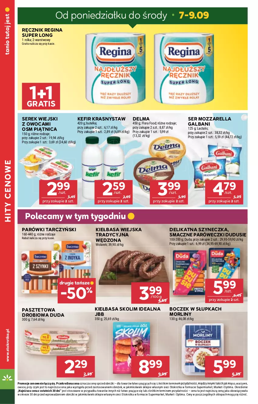 Gazetka promocyjna Stokrotka - Market - ważna 03.09 do 09.09.2026 - strona 16 - produkty: Boczek, Delma, Duda, Flora, Galbani, Gin, Gra, Kefir, Kiełbasa, Kiełbasa wiejska, Mięso, Morliny, Mozzarella, Optima, Owoce, Parówki, Pasztet, Piątnica, Ręcznik, Ser, Serek, Serek wiejski, Tarczyński, Warzywa