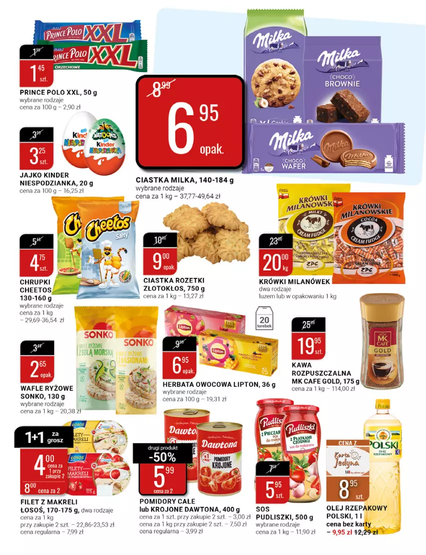 Gazetka promocyjna Bi1 - Mini ceny na Nowy Rok - ważna 02.01 do 17.01.2022 - strona 15 - produkty: Brownie, Chrupki, Ciastka, Dawtona, Filet z makreli, Kawa, Kinder, Lipton, Milka, Olej, Olej rzepakowy, Pomidory, Prince Polo, Pudliszki, Ryż, Sonko, Sos, Wafle