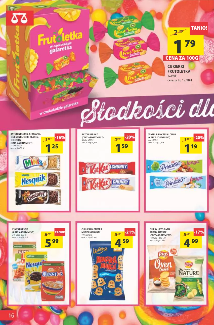 Gazetka promocyjna Arhelan - Gazetka - ważna 28.01 do 06.02.2022 - strona 16 - produkty: Baton, Cheerios, Chipsy, Chrupki, Cini Minis, Corn flakes, Cukier, Cukierki, Gin, Kit Kat, Lorenz, Monster Munch, Nesquik, Princessa, Wawel