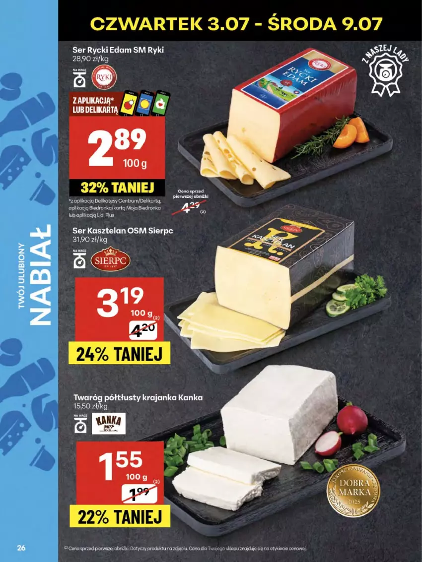 Gazetka promocyjna Delikatesy Centrum - Franczyza DC27 Czwartek - ważna 03.07 do 09.07.2025 - strona 26 - produkty: Edam, Kasztelan, Rycki Edam, Ser, Ser Kasztelan, Twaróg, Twaróg półtłusty