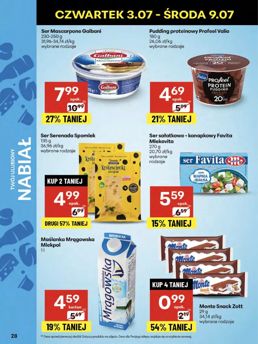 Gazetka promocyjna Delikatesy Centrum - Franczyza DC27 Czwartek - ważna 03.07 do 09.07.2025 - strona 28 - produkty: Fa, Favita, Galbani, Mascarpone, Maślanka, Mleko, Mlekovita, Monte, Pudding, Sałat, Ser, Zott