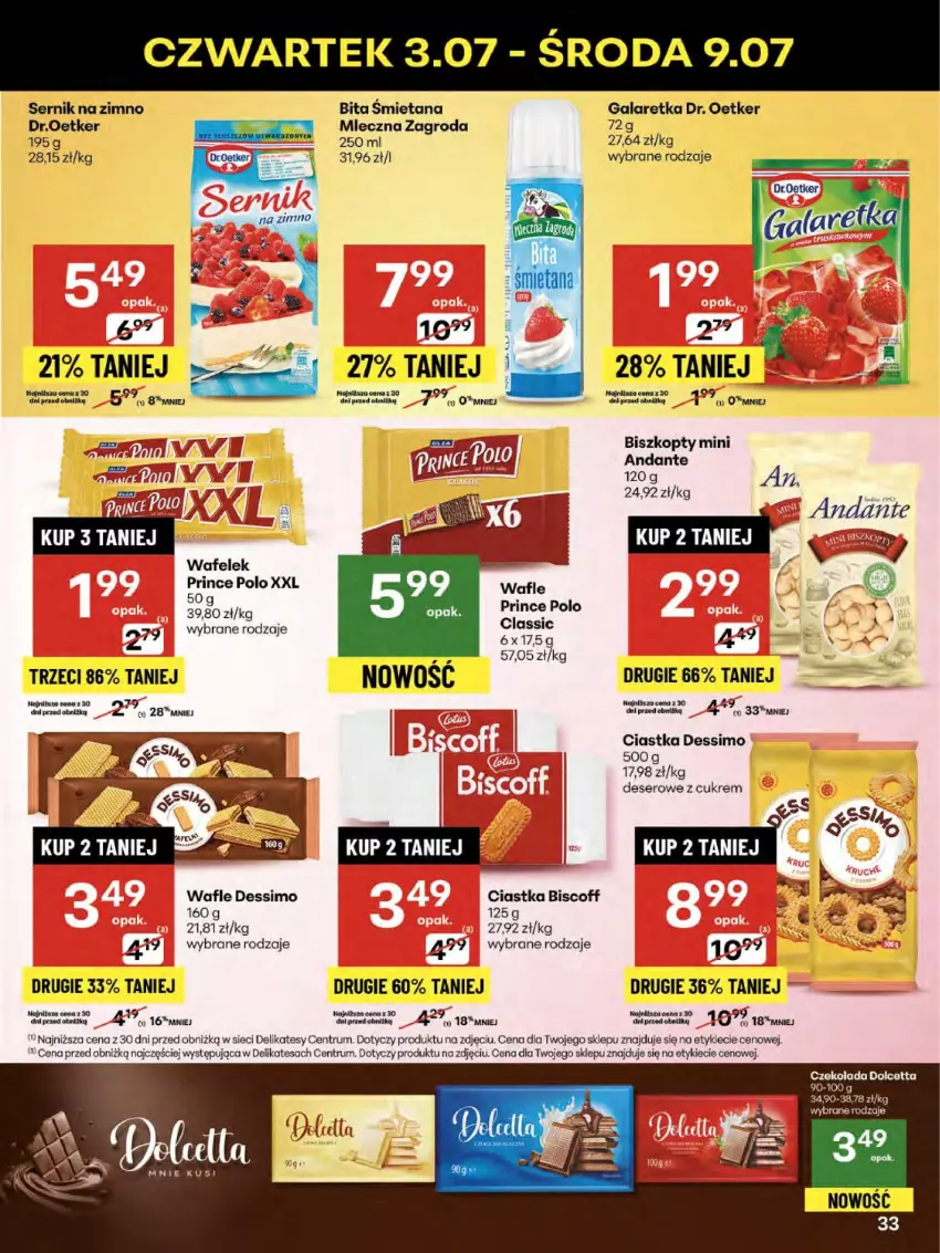 Gazetka promocyjna Delikatesy Centrum - Franczyza DC27 Czwartek - ważna 03.07 do 09.07.2025 - strona 33 - produkty: Biszkopty, Ciastka, Deser, Dr. Oetker, Fa, Gala, Galaretka, Prince Polo, Rum, Ser, Wafelek, Wafle