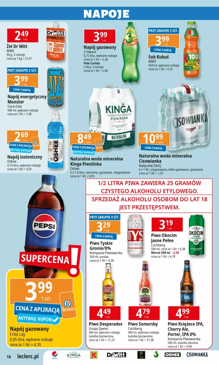 Gazetka promocyjna E Leclerc - ważna 27.12.2024 do 11.01.2025 - strona 16 - produkty: Carlsberg, Cisowianka, Coca-Cola, Desperados, Gra, Koc, Książęce, Kubuś, Napój, Napój energetyczny, Napój gazowany, Okocim, Oshee, Owoce, Piwa, Piwo, Por, Somersby, Tyskie, Woda, Woda mineralna