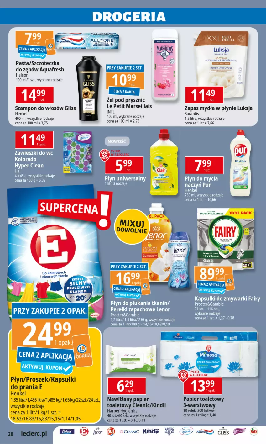 Gazetka promocyjna E Leclerc - ważna 27.12.2024 do 11.01.2025 - strona 20 - produkty: Aquafresh, Cleanic, Kindii, Leon, Luksja, Mars, Papier, Szampon, Szczoteczka, Top, Zapas mydła w płynie