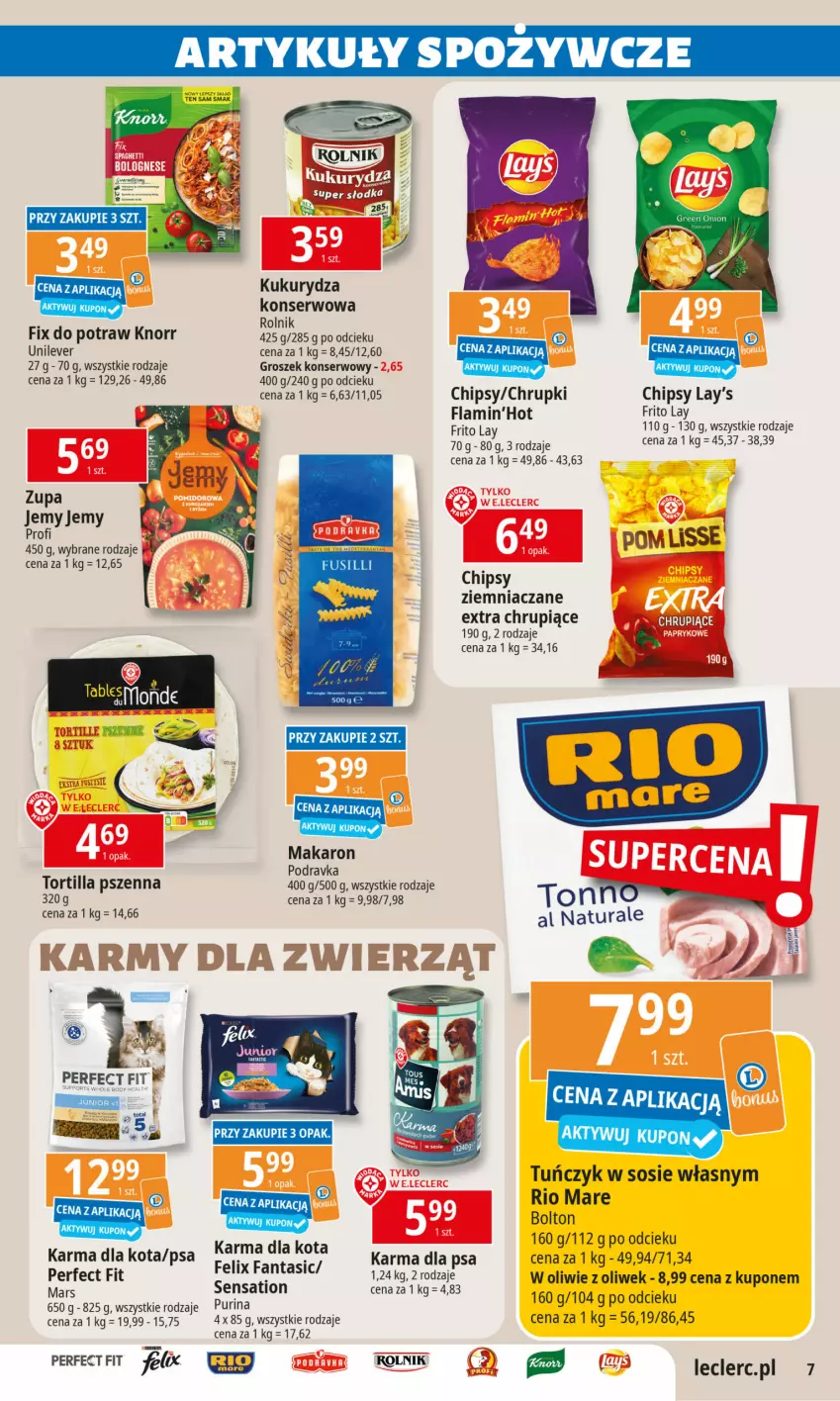 Gazetka promocyjna E Leclerc - ważna 27.12.2024 do 11.01.2025 - strona 7 - produkty: Chipsy, Chrupki, Fa, Fanta, Felix, Groszek, Knorr, Kukurydza, LG, Makaron, Mars, Podravka, Pur, Purina, Rio Mare, Rolnik, Sati, Ser, Sos, Tortilla, Tuńczyk, Zupa