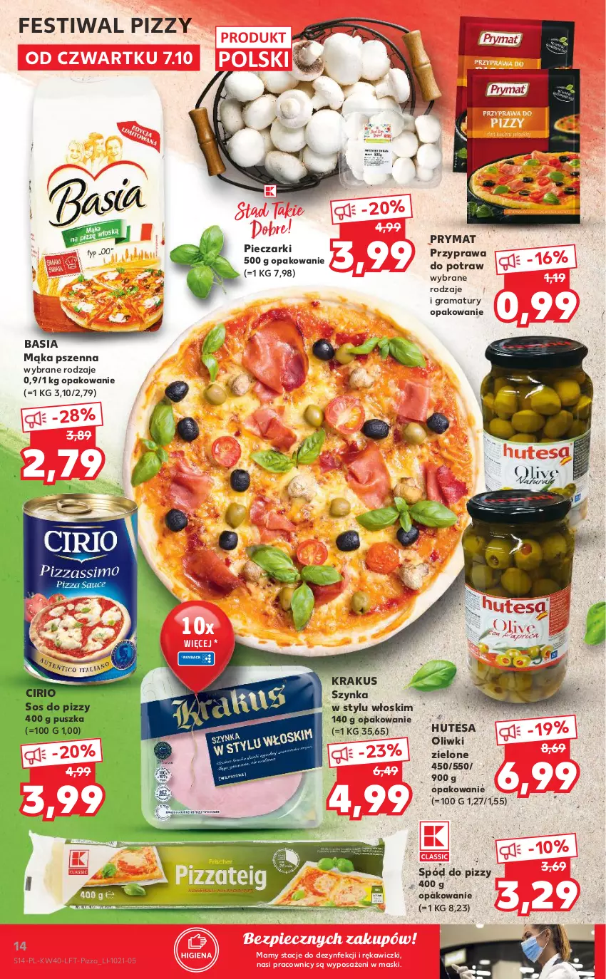 Gazetka promocyjna Kaufland - OFERTA TYGODNIA - ważna 07.10 do 13.10.2021 - strona 14 - produkty: Basia, Gra, Krakus, Mąka, Mąka pszenna, Oliwki, Oliwki zielone, Piec, Pizza, Prymat, Przyprawa do potraw, Rama, Sos, Sos do pizzy, Spód do pizzy, Szynka