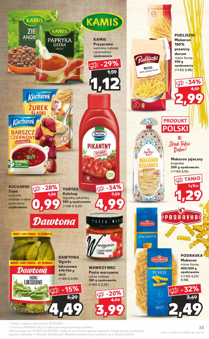 Gazetka promocyjna Kaufland - OFERTA TYGODNIA - ważna 07.10 do 13.10.2021 - strona 35 - produkty: Dawtona, Gra, Kamis, Ketchup, Kucharek, Makaron, Pasta warzywna, Podravka, Pudliszki, Rama, Rum, Zupa