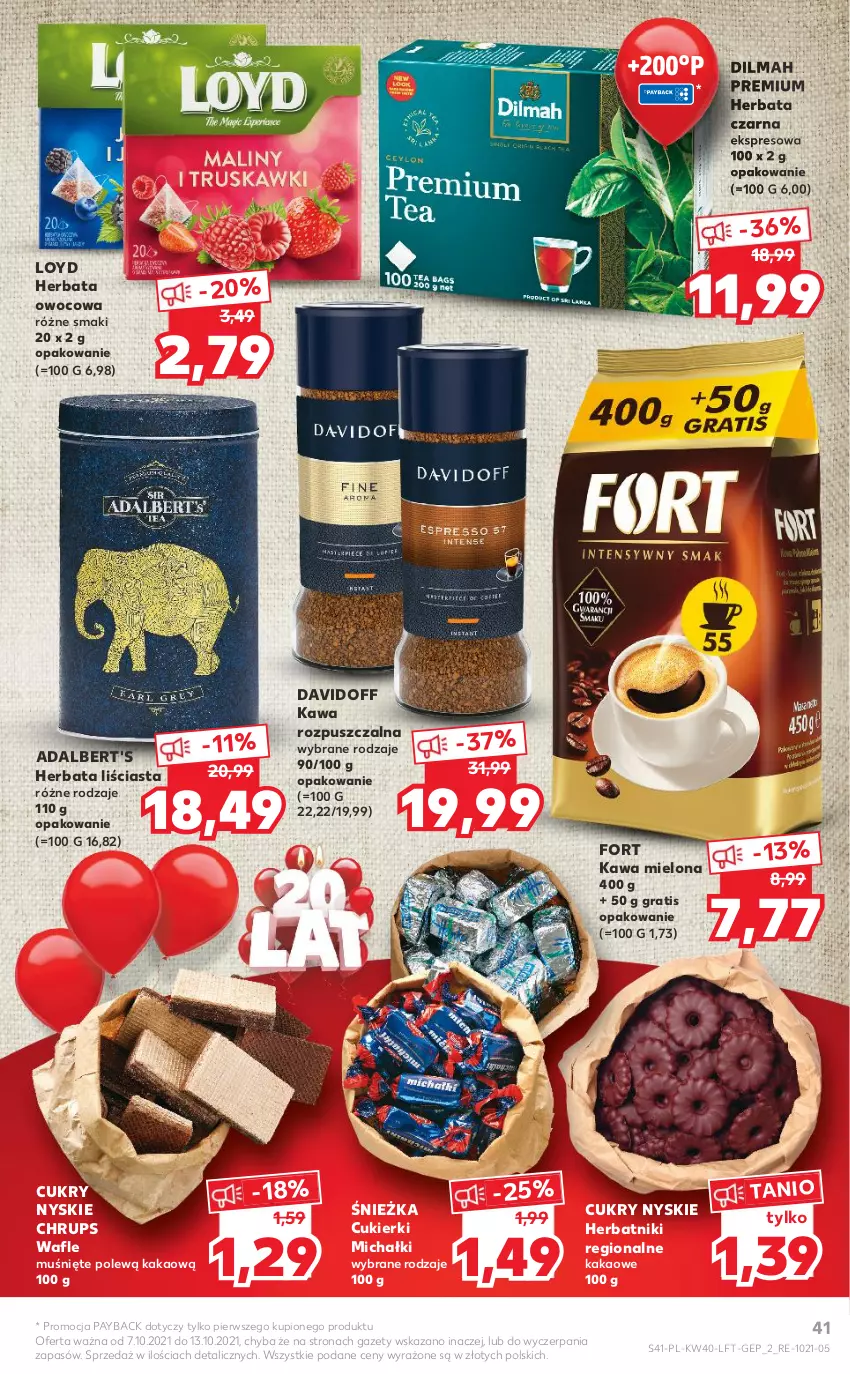 Gazetka promocyjna Kaufland - OFERTA TYGODNIA - ważna 07.10 do 13.10.2021 - strona 41 - produkty: Cukier, Cukierki, Davidoff, Dilmah, Gra, Herbata, Herbata czarna, Herbata owocowa, Herbatniki, Kakao, Kawa, Kawa mielona, Kawa rozpuszczalna, Loyd, Michałki, Wafle