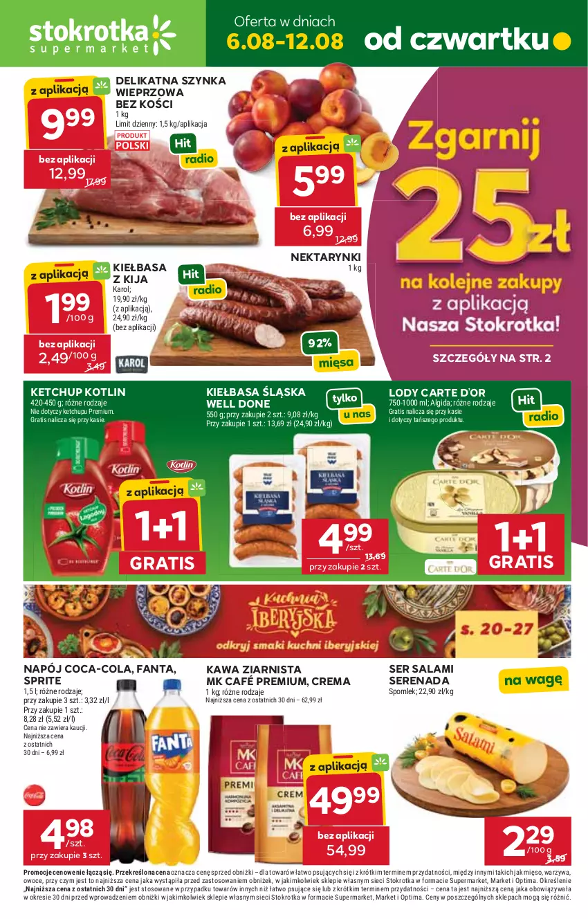 Gazetka promocyjna Stokrotka - Supermarket - ważna 06.08 do 12.08.2026 - strona 1 - produkty: Algida, Coca-Cola, Fa, Fanta, Gra, Kawa, Kawa ziarnista, Ketchup, Kiełbasa, Kiełbasa śląska, Kotlin, LG, Lody, Mięso, Napój, Nektar, Optima, Owoce, Salami, Ser, Ser salami, Sprite, Szynka, Szynka wieprzowa, Warzywa