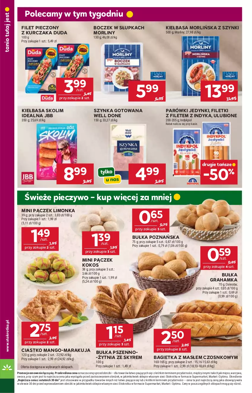 Gazetka promocyjna Stokrotka - Supermarket - ważna 06.08 do 12.08.2026 - strona 18 - produkty: Bagietka, Boczek, Bułka, Bułka grahamka, Duda, Gra, Kiełbasa, Kokos, Kurczak, Limonka, Mango, Mięso, Morliny, Optima, Owoce, Pączek, Parówki, Piec, Pieczywo, Szynka, Warzywa