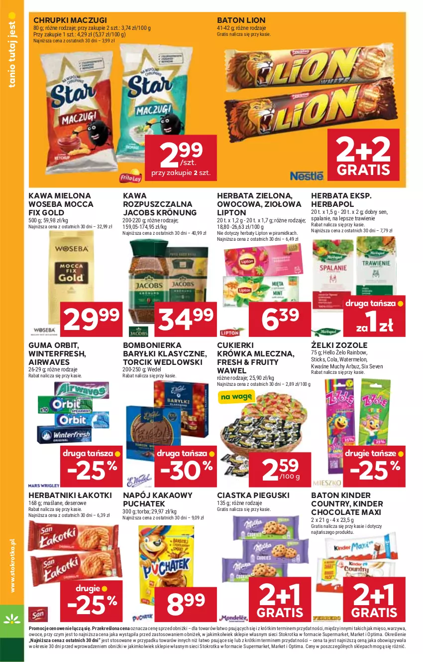 Gazetka promocyjna Stokrotka - Supermarket - ważna 06.08 do 12.08.2026 - strona 26 - produkty: Arbuz, Baryłki, Baton, Chrupki, Ciastka, Cukier, Cukierki, Deser, Gra, Herbapol, Herbata, Herbatniki, Jacobs, Jacobs Krönung, Kakao, Kawa, Kawa mielona, Kawa rozpuszczalna, Kinder, Lion, Lipton, Melon, Mięso, Mocca Fix Gold, Napój, Optima, Orbit, Owoce, Ser, Torba, Warzywa, Wawel, Woseba