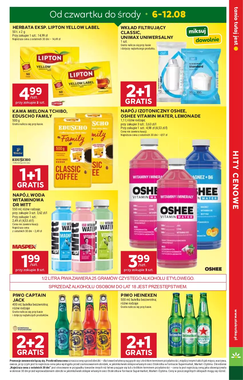 Gazetka promocyjna Stokrotka - Supermarket - ważna 06.08 do 12.08.2026 - strona 5 - produkty: Captain Jack, Fa, Gra, Heineken, Herbata, Kawa, Kawa mielona, Lipton, Mięso, Napój, Napój izotoniczny, Optima, Oshee, Owoce, Piwa, Piwo, Tchibo, Warzywa, Wkład filtrujący, Woda