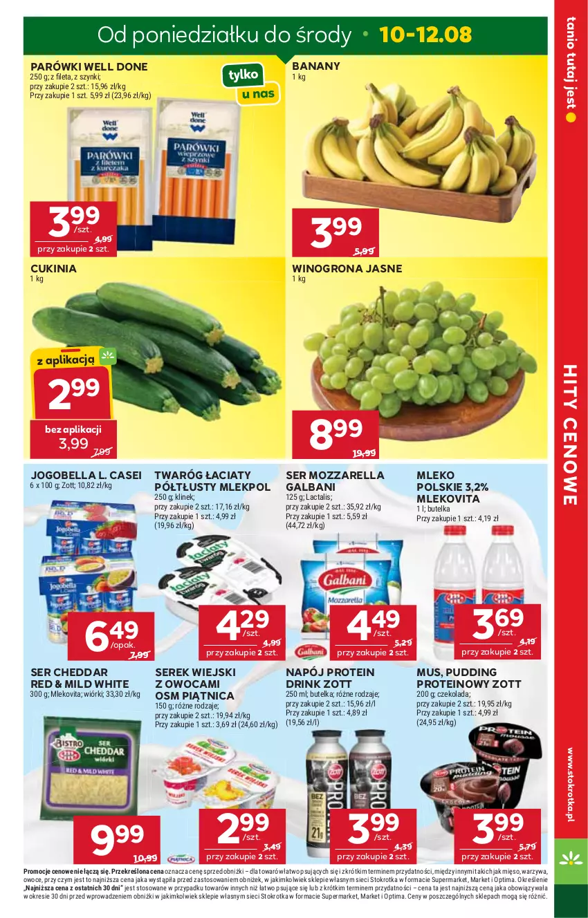 Gazetka promocyjna Stokrotka - Supermarket - ważna 06.08 do 12.08.2026 - strona 7 - produkty: Banany, Bell, Bella, Cheddar, Czekolada, Galbani, Jogobella, Mięso, Mleko, Mlekovita, Mozzarella, Mus, Napój, Optima, Owoce, Parówki, Piątnica, Pudding, Ser, Serek, Serek wiejski, Twaróg, Warzywa, Wino, Winogrona, Zott