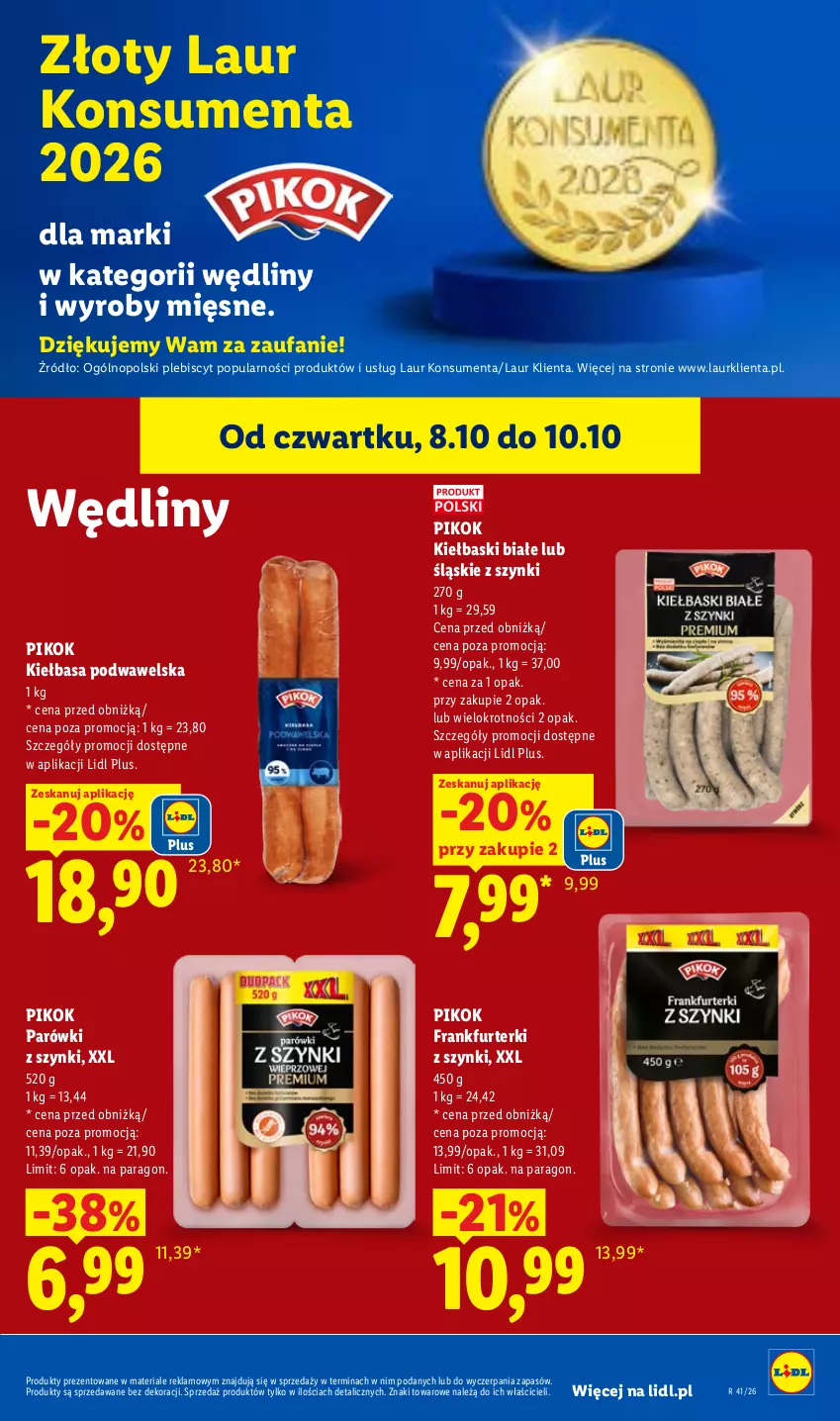 Gazetka promocyjna Lidl - Gazetka - ważna 08.10 do 10.10.2026 - strona 55 - produkty: Fa, Frankfurterki, Kiełbasa, Kiełbasa podwawelska, Kiełbaski białe, Laur, Parówki, Parówki z szynki, PIKOK, Wawel