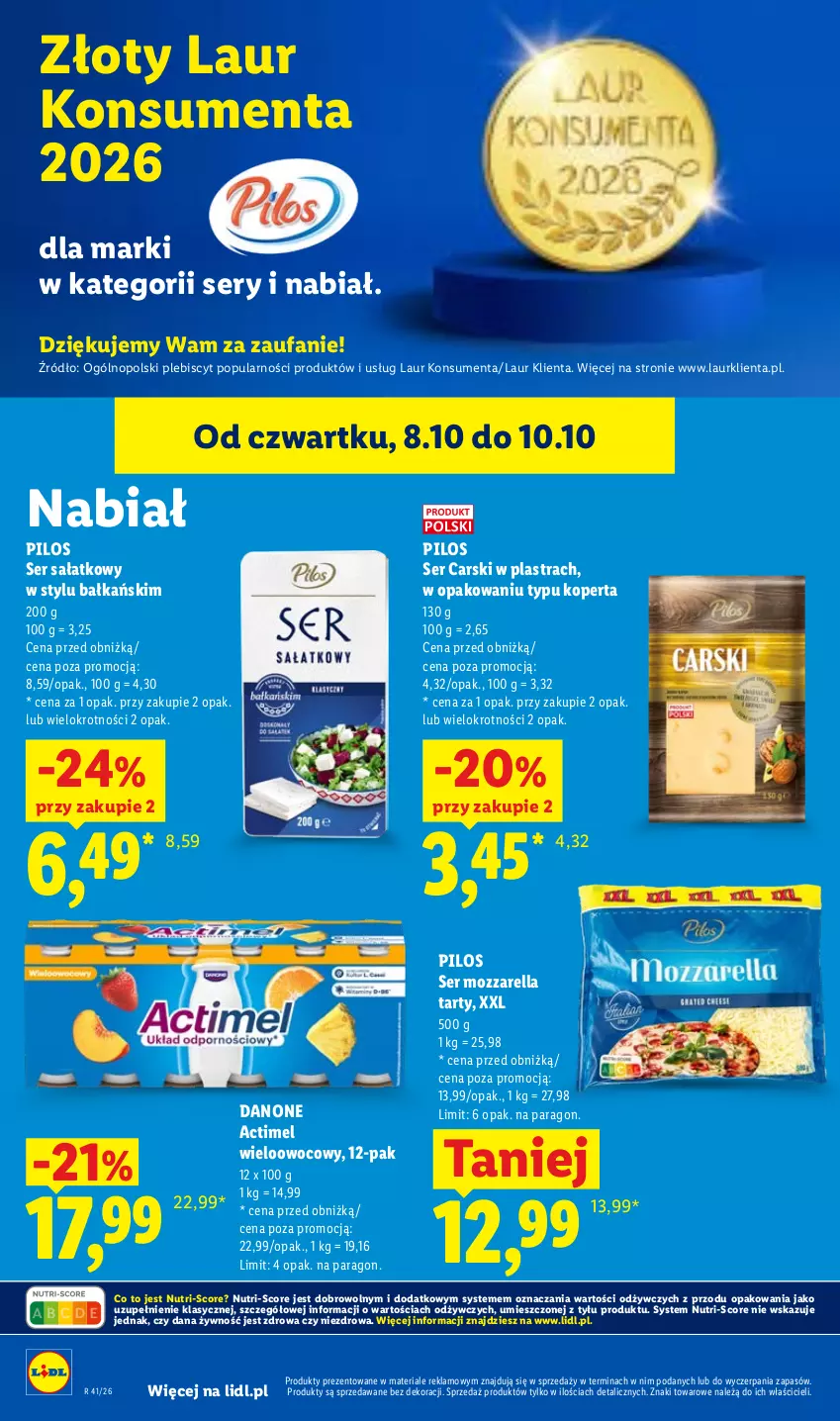 Gazetka promocyjna Lidl - Gazetka - ważna 08.10 do 10.10.2026 - strona 58 - produkty: Actimel, Cars, Danone, Fa, Laur, Mozzarella, Pilos, Sałat, Ser