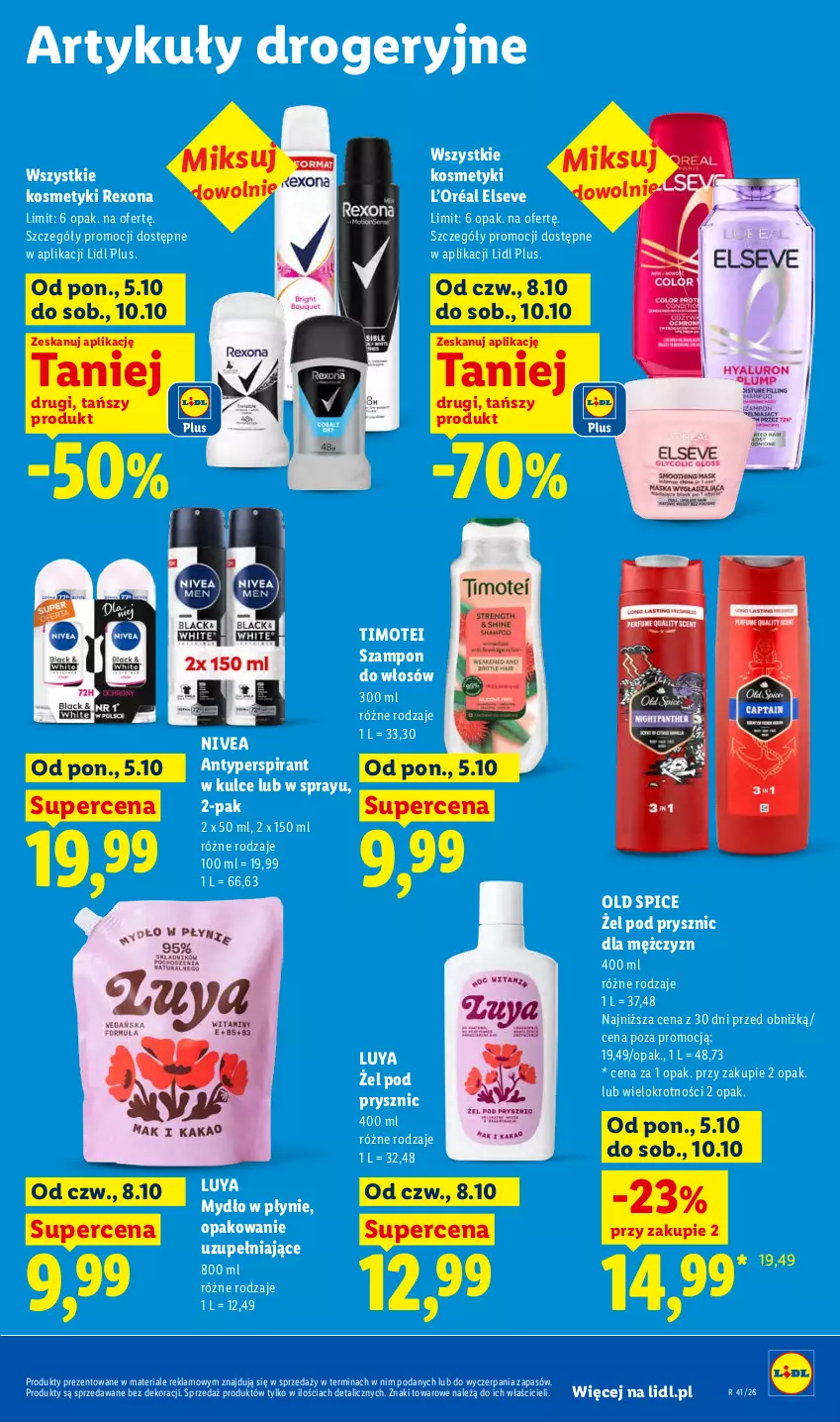Gazetka promocyjna Lidl - Gazetka - ważna 08.10 do 10.10.2026 - strona 89 - produkty: Antyperspirant, Elseve, L’Oréal, Mydło, Mydło w płynie, Nivea, Old Spice, Rexona, Szampon