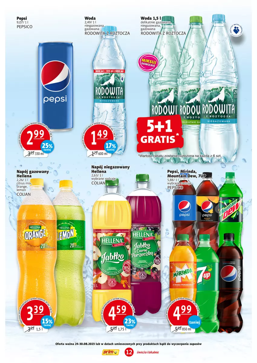 Gazetka promocyjna Prim Market - ważna 24.08 do 30.08.2023 - strona 12 - produkty: Hellena, Mirinda, Napój, Napój gazowany, Napój niegazowany, Pepsi, Woda