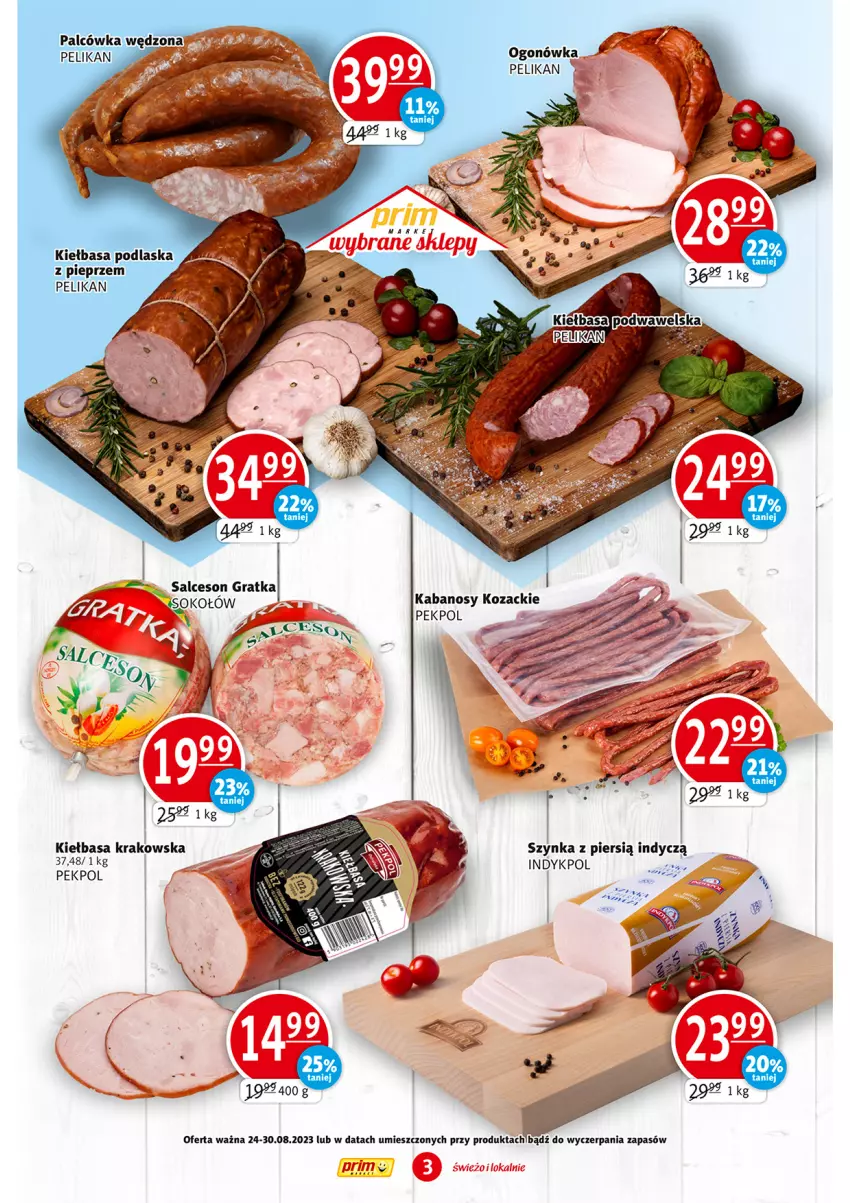 Gazetka promocyjna Prim Market - ważna 24.08 do 30.08.2023 - strona 3 - produkty: Gra, Kabanos, Kiełbasa, Kiełbasa krakowska, Ogonówka, Pekpol, Pieprz, Salceson, Sok, Sokołów, Szynka, Wawel