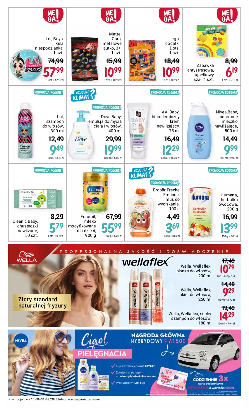 Gazetka promocyjna Rossmann - 16 sierpnia - ważna 16.08 do 31.08.2022 - strona 14 - produkty: Cars, Chusteczki, Cleanic, Dove, Dzieci, Emulsja, Emulsja do mycia, Enfamil, Fa, Humana, Krem nawilżający, Lakier, Lakier do włosów, LEGO, Mattel, Mleczko, Mleko, Mleko modyfikowane, Mus, Nivea, Nivea Baby, Pianka do włosów, Suchy szampon, Szampon, Wella, Wellaflex, Zabawka