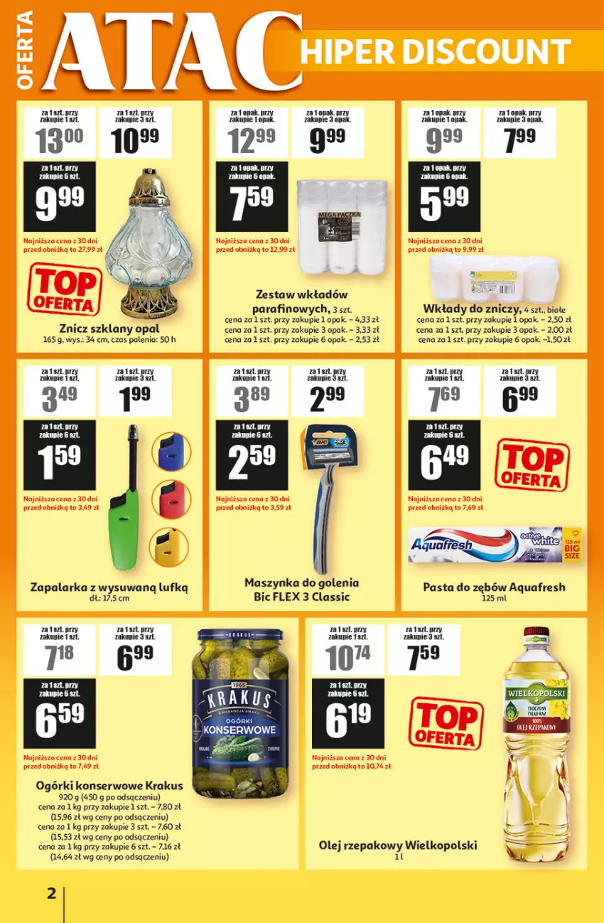 Gazetka promocyjna Auchan - ATAC Hiper Discount - ważna 02.10 do 22.10.2025 - strona 2 - produkty: Aquafresh, BIC, Krakus, Maszynka, Maszynka do golenia, Ogórki konserwowe, Olej, Olej rzepakowy, Pasta do zębów, Ser, Szynka, Zapalarka, Znicz