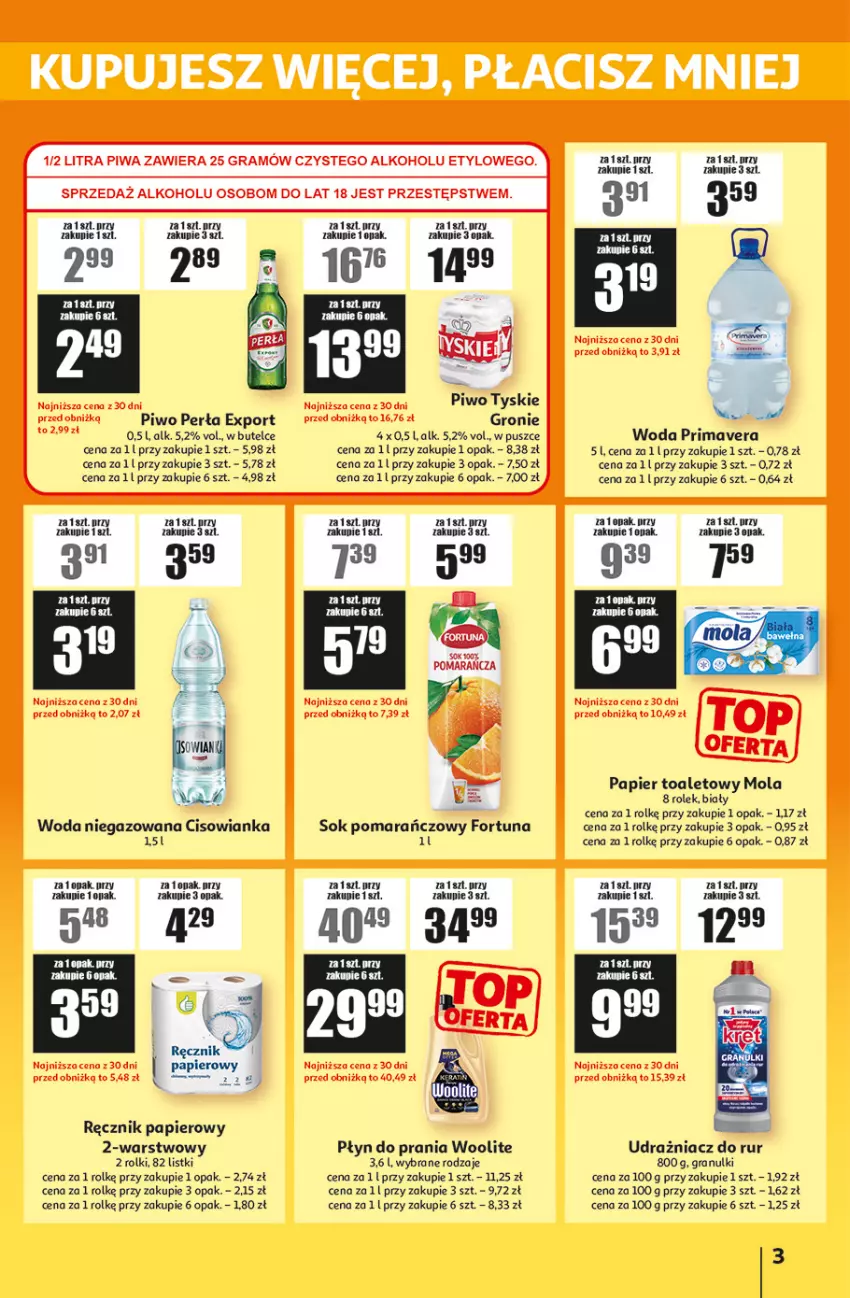 Gazetka promocyjna Auchan - ATAC Hiper Discount - ważna 02.10 do 22.10.2025 - strona 3 - produkty: Cisowianka, Fortuna, Gra, Mola, Papier, Papier toaletowy, Perła, Piwo, Płyn do prania, Por, Prima, Primavera, Ręcznik, Rolki, Sok, Sok pomarańczowy, Tyskie, Woda, Woda niegazowana, Woolite